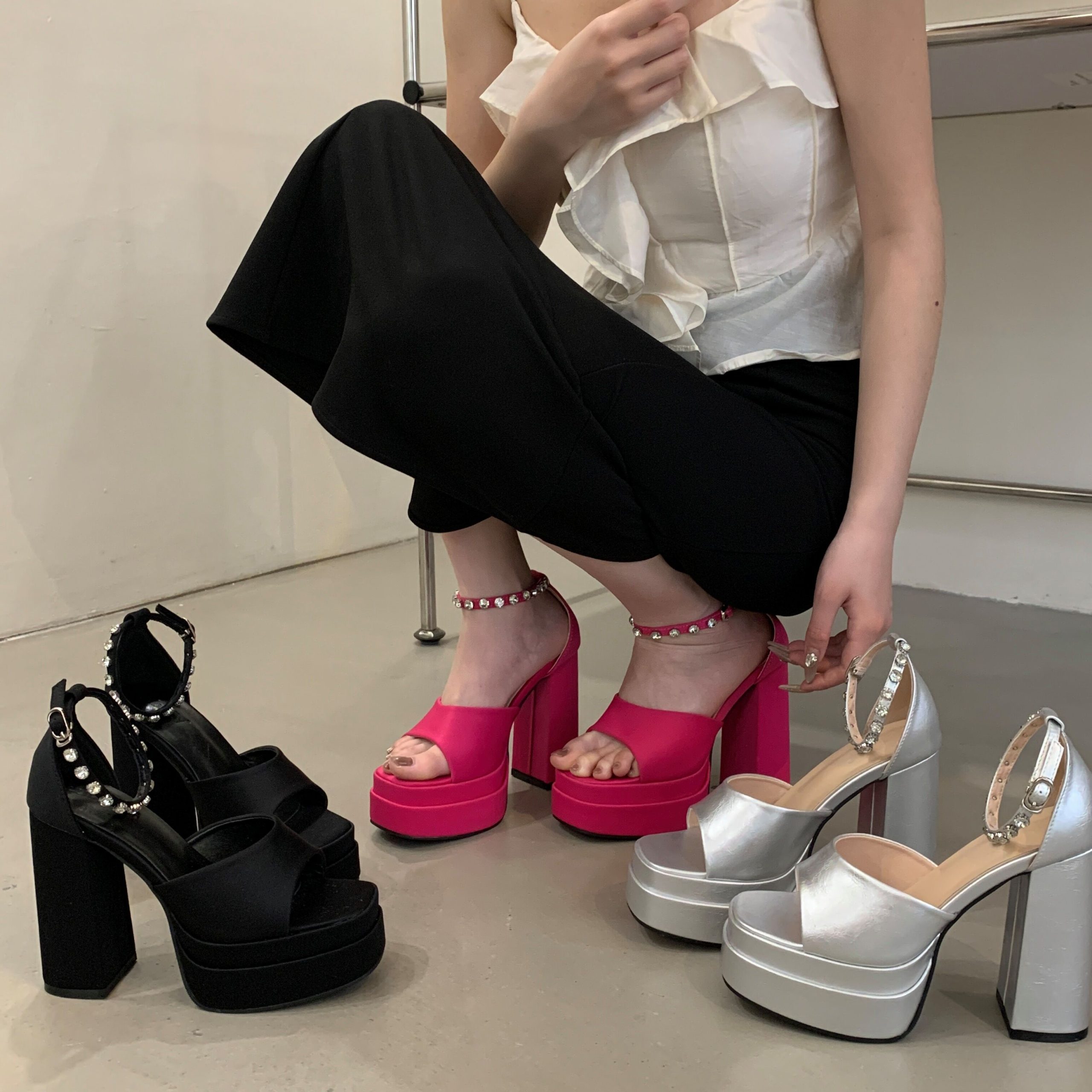 2025 BUBUFLY Women's High Heel Rhinestone Satin Mary Jane Sandals with Platform Chunky Heel