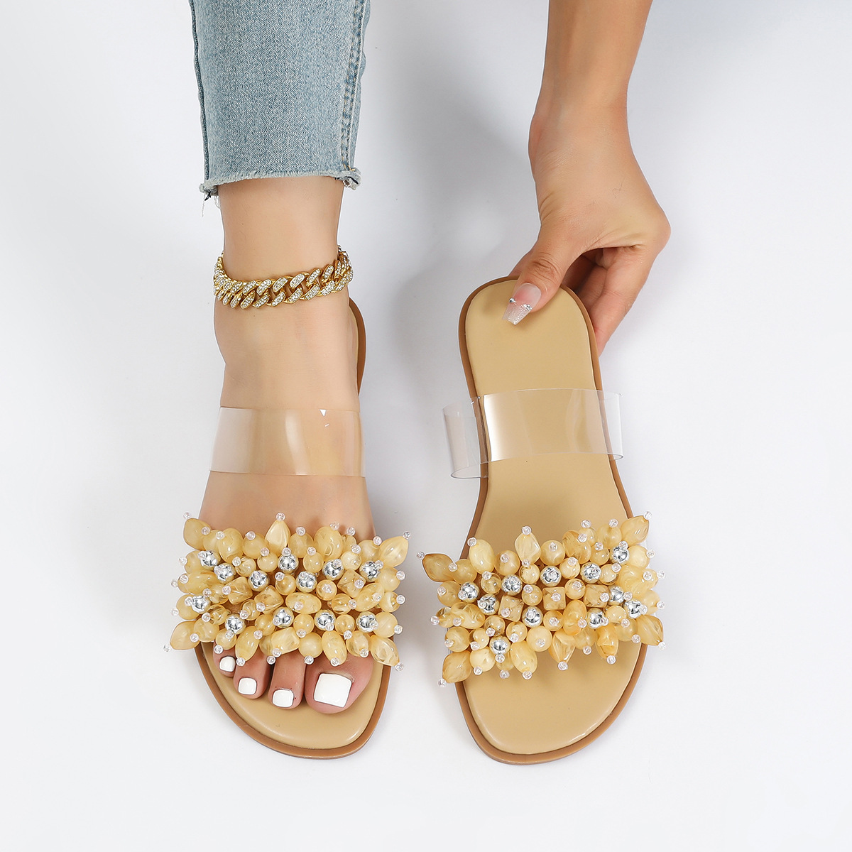 2025 Summer New Square Toe Pearl Thong Slippers Women's Sandals Large Size Flat