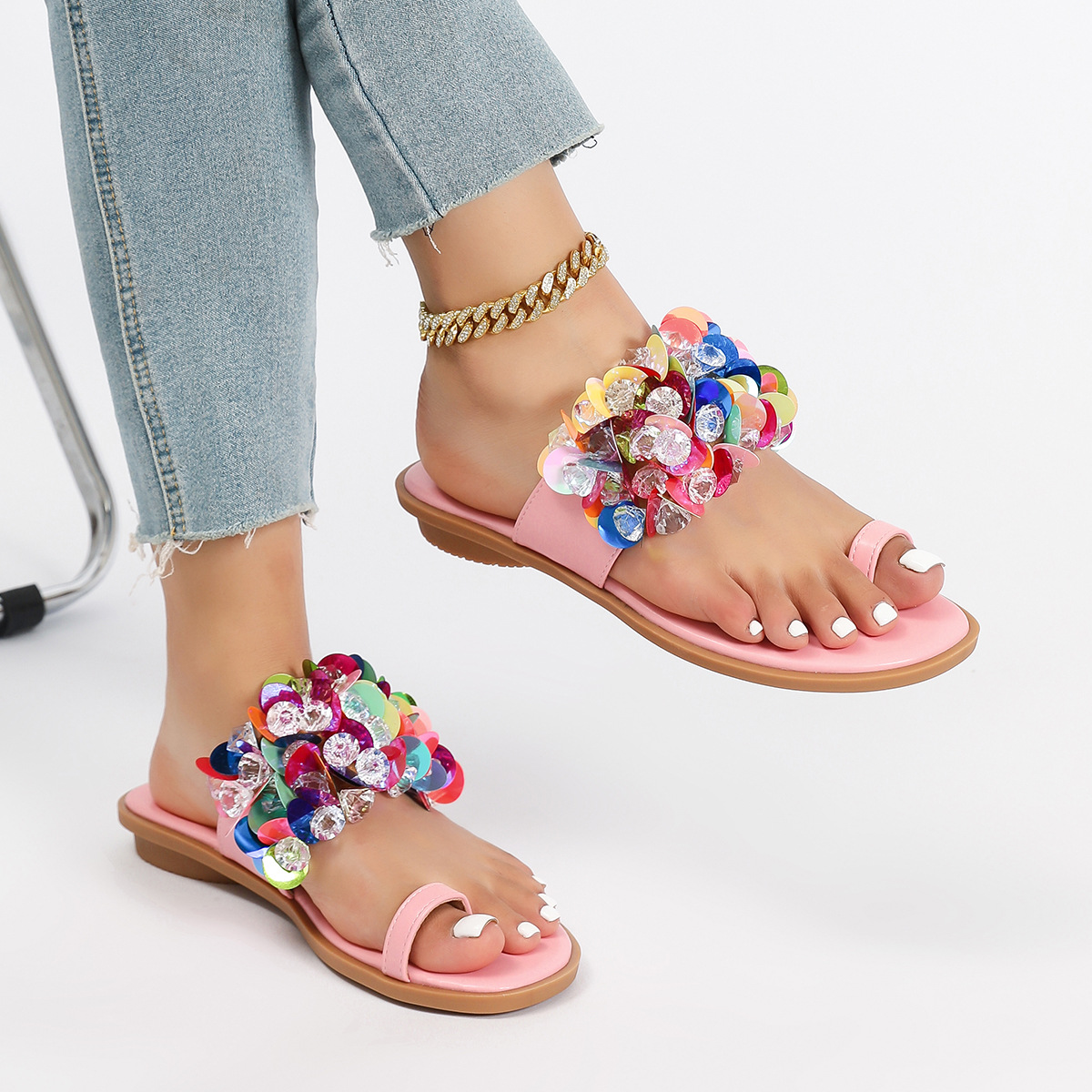 2025 Summer New Korean Style Open Toe Flat Sandals for Women Large Size Slippers
