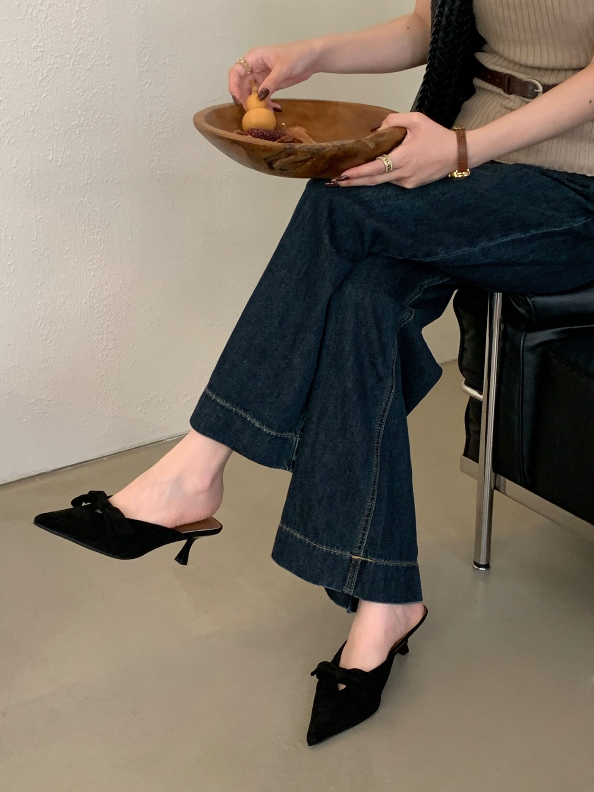2025 New Autumn Thin Heel Pointed Toe One-Strap Shallow Mouth Butterfly Bow Covered Toe Slipper Women